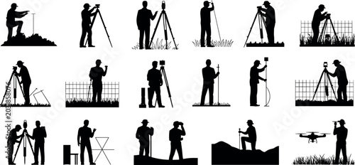 Bild auf Leinwand Land surveyor and civil engineering silhouette icon set featuring workers with t