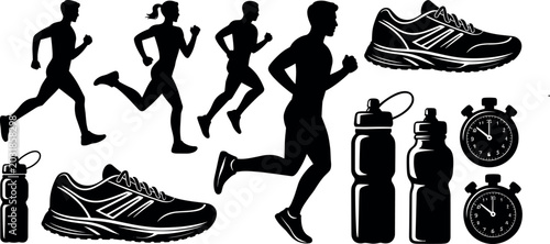 Quadro su tela Running and fitness silhouette icons set featuring male and female joggers sneak
