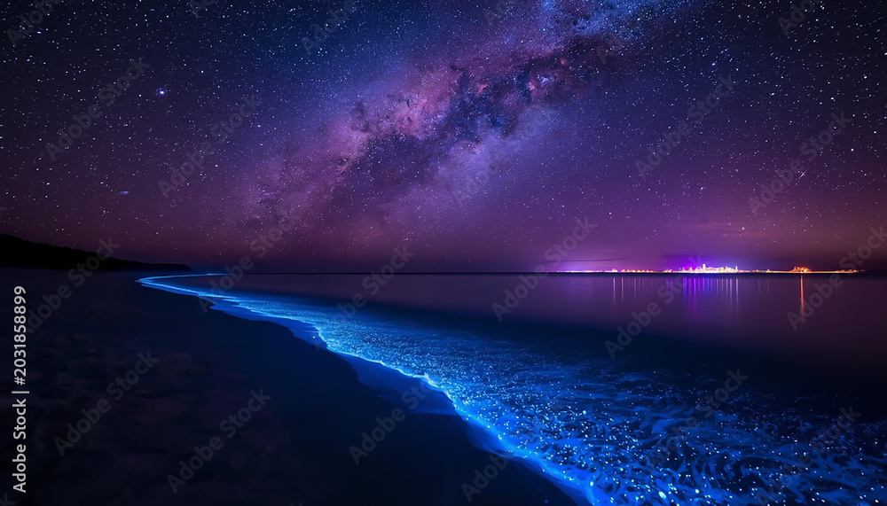 Fototapeta premium 星降る浜辺と青い夜光虫