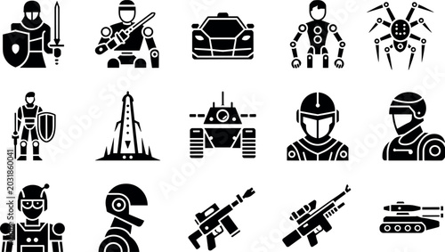 Fotografie Sci-fi gaming icon set featuring futuristic robots armored soldiers space rocket