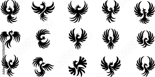 фотографія Collection of phoenix bird black silhouette icons featuring mythical fire birds