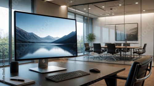 A modern office meeting room featuring a large desktop monitor displaying a tranquil mountain lake landscape, with office furniture and glass walls.