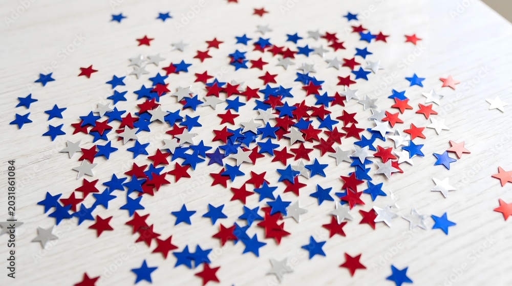 Fototapeta premium Red and blue star shaped confetti scattered on a surface
