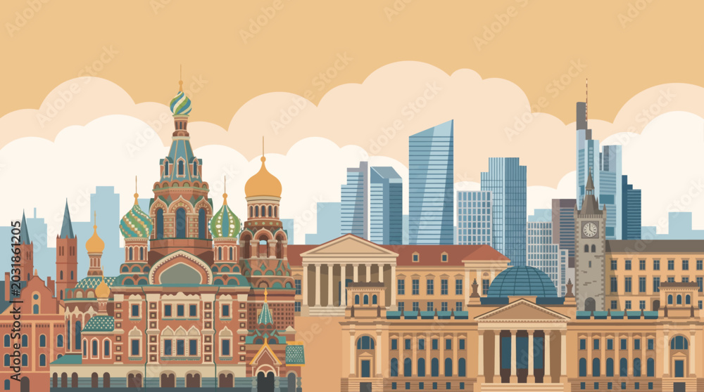 Obraz premium A panoramic illustration of a cityscape with historic buildings and modern skyscrapers under a cloudy sky