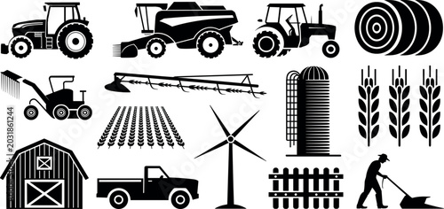 Tableau sur toile Agriculture and farming icon set featuring tractors, combine harvester, barn, si