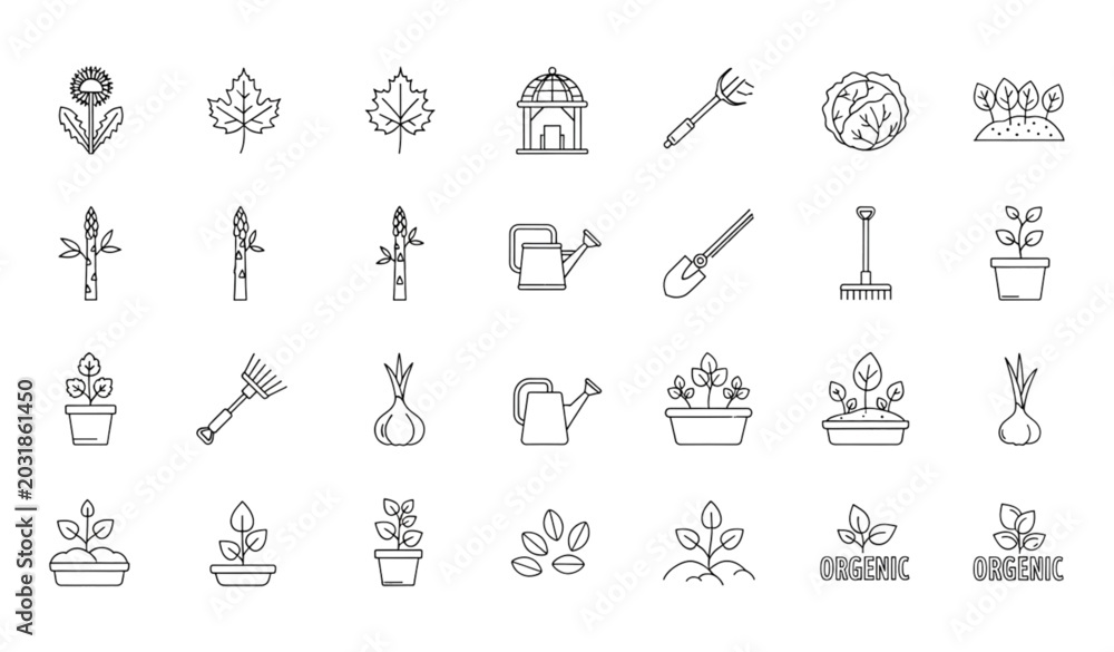 Fototapeta premium Gardening outline web icon set with plants and tools vector illustration