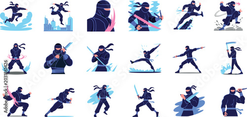Fotografija Set of flat vector ninja character illustrations featuring masked assassins in a