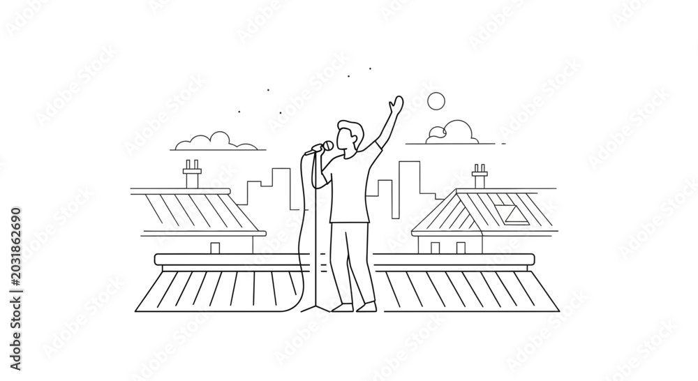 Naklejka premium Man singing on rooftop with microphone, cityscape background, urban performance concept