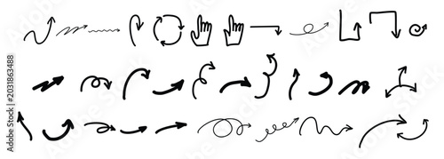 Hand Drawn Doodle Simple Arrows Set. Minimalist Journal Pointers and Marketing Icons. Design Elements Collections.