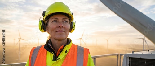 Portrait of a proud female wind energy technician in safety gear and ear defenders. Authentic hard-working woman with a dirty face at a wind farm during sunset. Renewable energy concept with copy spac
