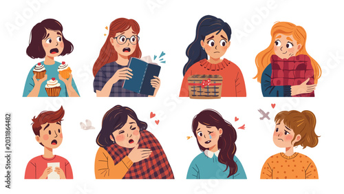 Fotografía Diverse Emotional Expressions: A collection of diverse characters displaying a range of human emotions from joy and surprise to sadness and anxiety, each depicted with unique expressions and gestures
