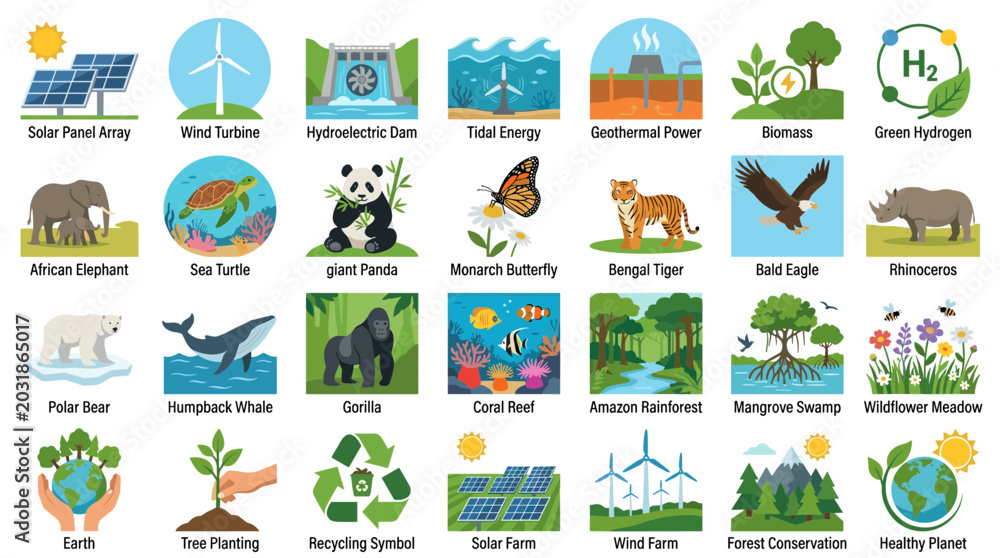 Naklejka premium Diverse Collection of Environmental Icons and Wildlife Illustrations Promoting Sustainability and Nature Conservation