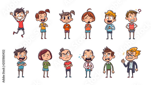 Photos Collection of Diverse Emotions: A vibrant illustration showcases a diverse group of cartoon children and adults expressing a wide spectrum of human emotions