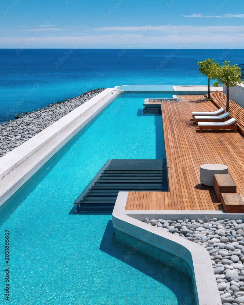 Fototapeta premium Infinity pool overlooking turquoise ocean with wooden deck, lounge chairs and white pebbles