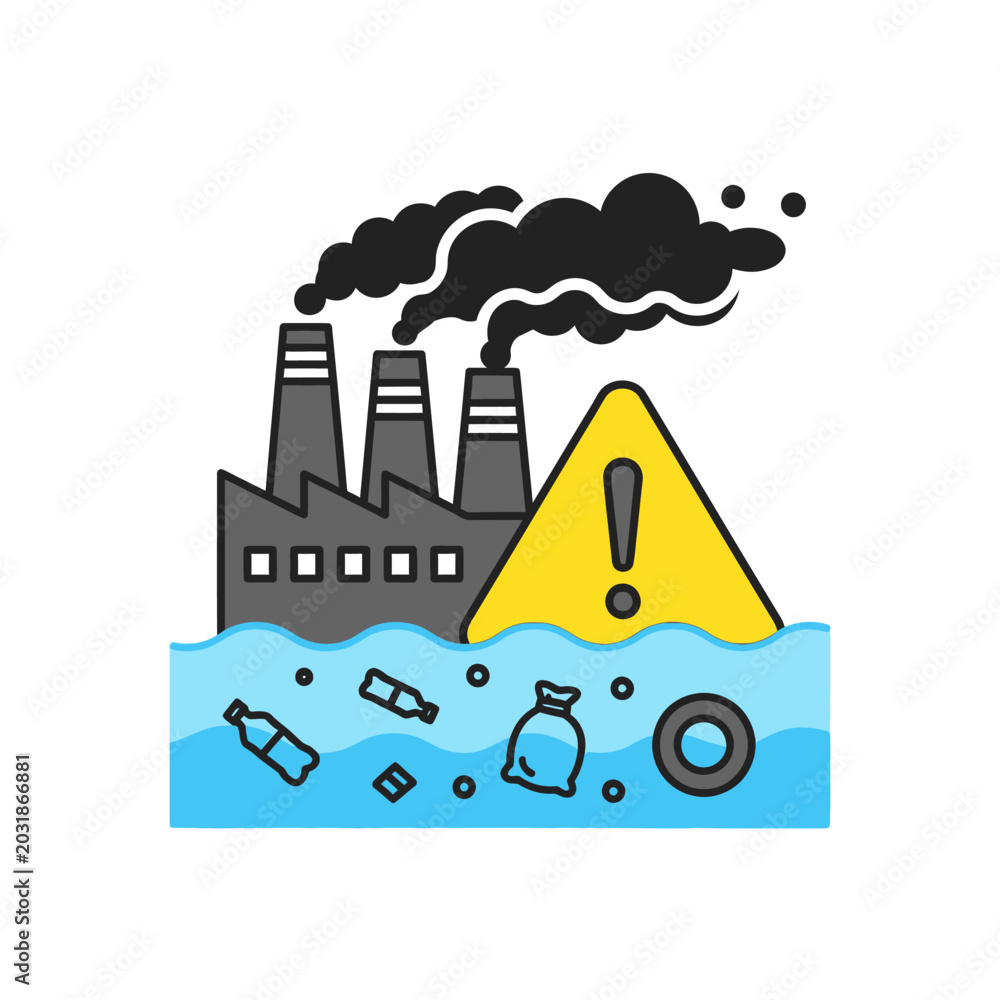Naklejka premium Industrial pollution: Factory emissions, water contamination, environmental hazard
