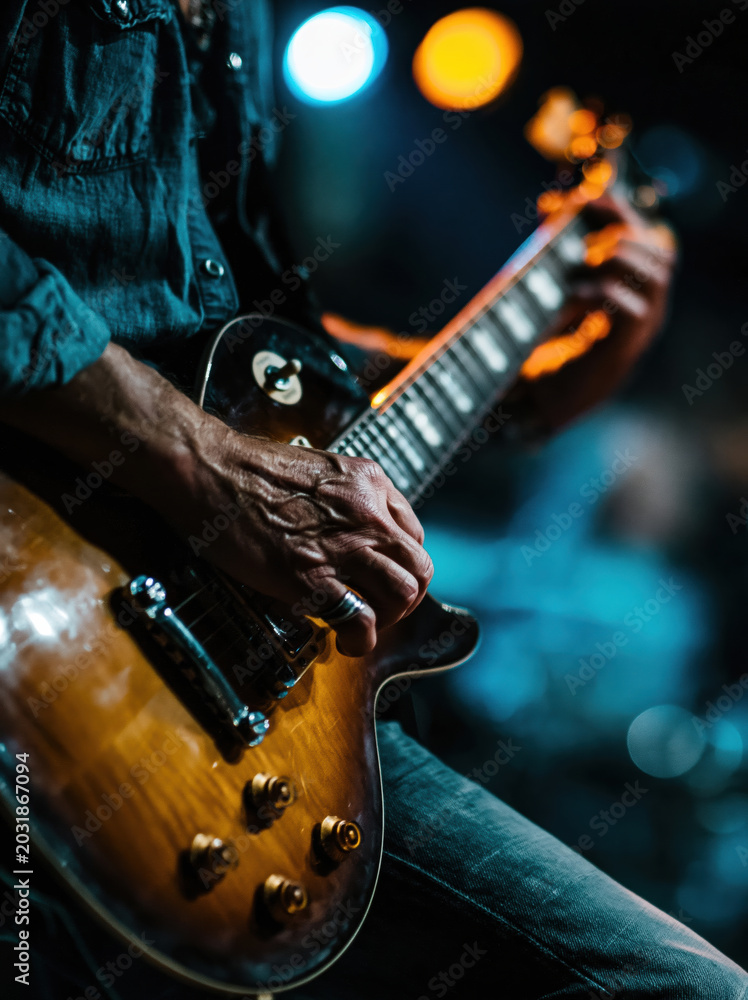 Fototapeta premium Close-Up of Man Playing Electric Guitar in Cozy Warm Interior. AI generative.