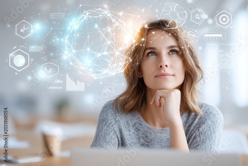 Individual examines augmented information and interface elements thoughtfully. Person focused on digital data and imagery while planning user experience strategies and metrics