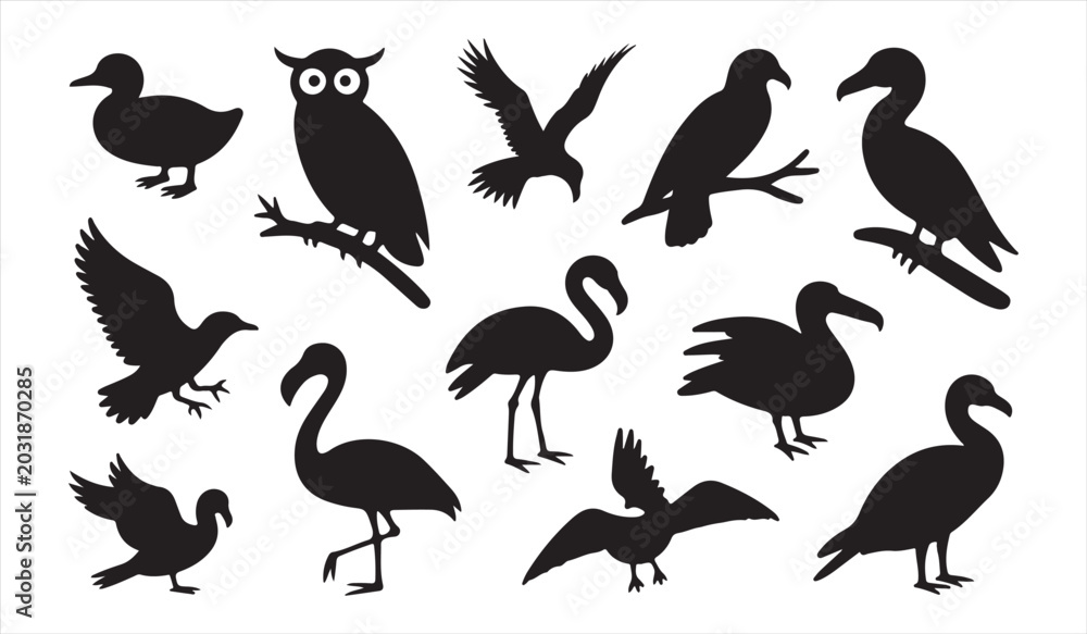 Obraz premium Collection of bird silhouettes featuring owl, flamingo, eagle and duck in flat vector style