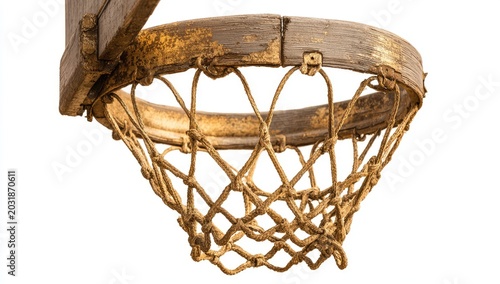 Close-up of weathered basketball hoop and net