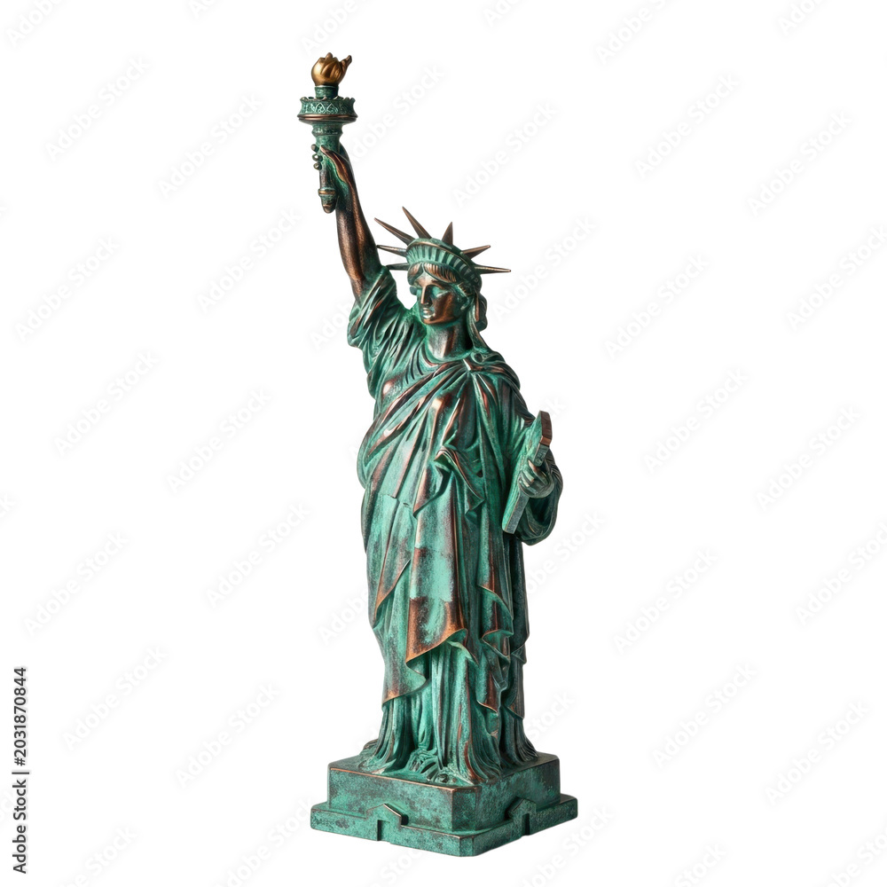 Fototapeta premium Vintage green patinated Statue of Liberty sculpture with torch and tablet against black background