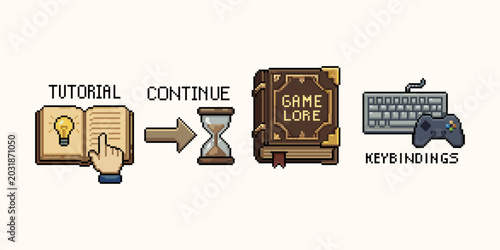 Canvastavla Pixel art sets of RPG game UI menu icons set featuring tutorial guide, continue hourglass, game lore book, and keybindings controls