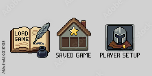 Fotografie Pixel art sets of fantasy RPG game UI menu icons set for load game, saved game slot, and player setup screen