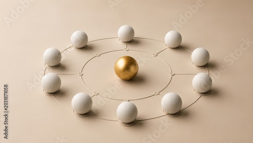A central golden sphere surrounded by white spheres linked in a circular network, symbolizing connection, leadership, and centrality in a minimalist setup.