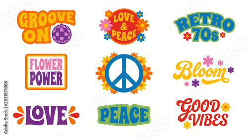 Vibrant collection of retro peace symbols, flower power logos, and 1960s-70s psychedelic badges in colorful, playful designs