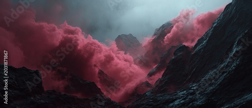 Dramatic Pink Cloudscape Over Dark Mountains - A Surreal Landscape.
