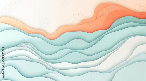 Abstract Paper Cut Landscape: Serene Waves and Sandy Beach with Soft Gradient Colors