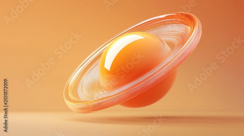Abstract Orange Sphere Orbiting Transparent Ring, Futuristic 3D Render
