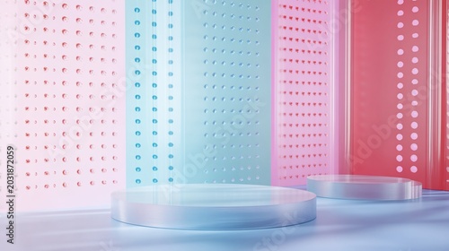 Abstract Pink and Blue Perforated Panels with Transparent Podiums, Minimalist Product Display