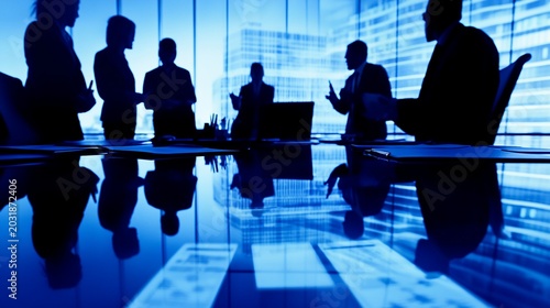 Business Meeting Silhouettes in Modern Office with Blue Tones