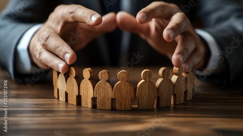 Businessman protecting wooden figures in a circle, symbolizing teamwork and security