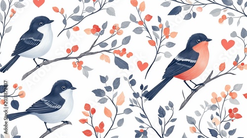 Charming Birds on Branches with Berries and Hearts, Seamless Pattern