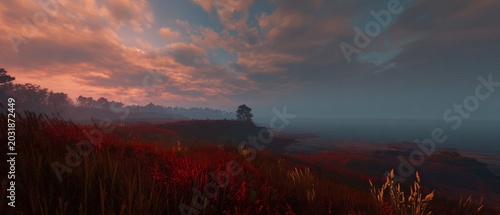 Dramatic Sunset Over Misty Landscape - A Serene and Colorful Vista.