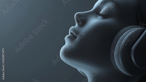 Close-up of a person's face with eyes closed wearing headphones, enjoying music