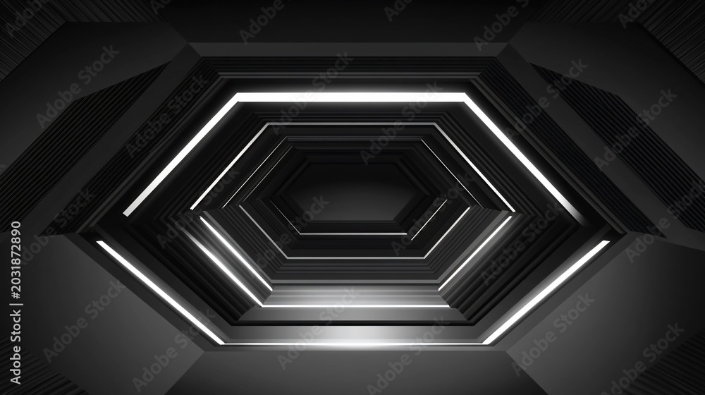 Naklejka premium Futuristic Hexagonal Tunnel with Neon Lights, Sci-Fi Corridor, Abstract Geometric Background