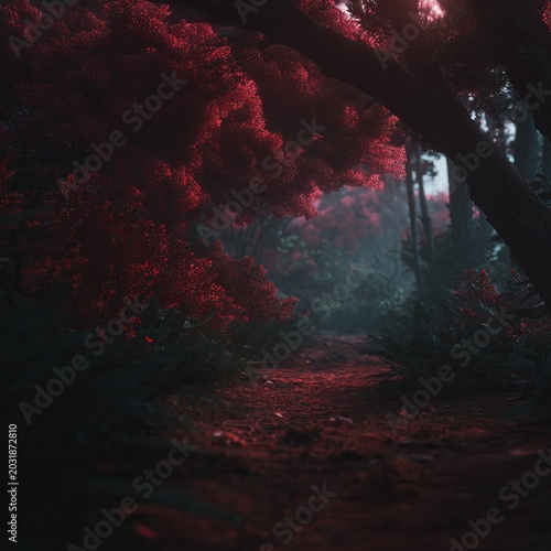 Eerie forest path with red foliage and mysterious lighting, creating a surreal atmosphere.