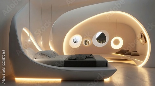 Futuristic Bedroom Interior Design with Organic Shapes and Ambient Lighting