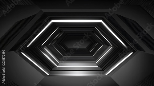 Futuristic Hexagonal Tunnel with Neon Lights, Sci-Fi Corridor, Abstract Geometric Background