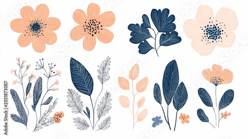 Hand-Drawn Botanical Elements: Floral & Leaf Illustrations in Peach and Navy