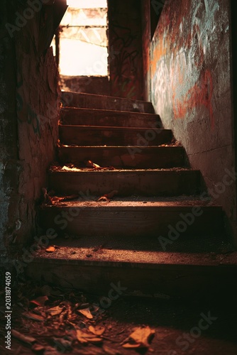 Eerie staircase leading to light with scattered leaves.