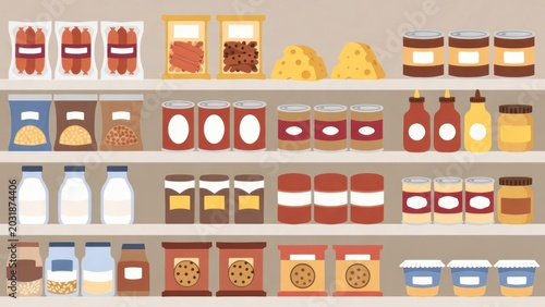 Colorful and Organized Grocery Shelves with Various Food Products for a Modern Kitchen Setting