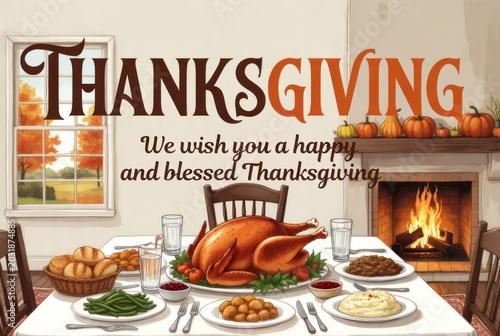 Thanksgiving Celebration with a Beautiful Feast and Warm Family Atmosphere by the Fireplace, Featuring Roast Turkey, Side Dishes, and Fall Decor