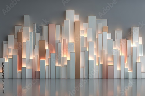 Contemporary art installation featuring glowing metallic and matte surfaces. Exhibition of luminous geometric columns with reflective surfaces in sleek modern setting