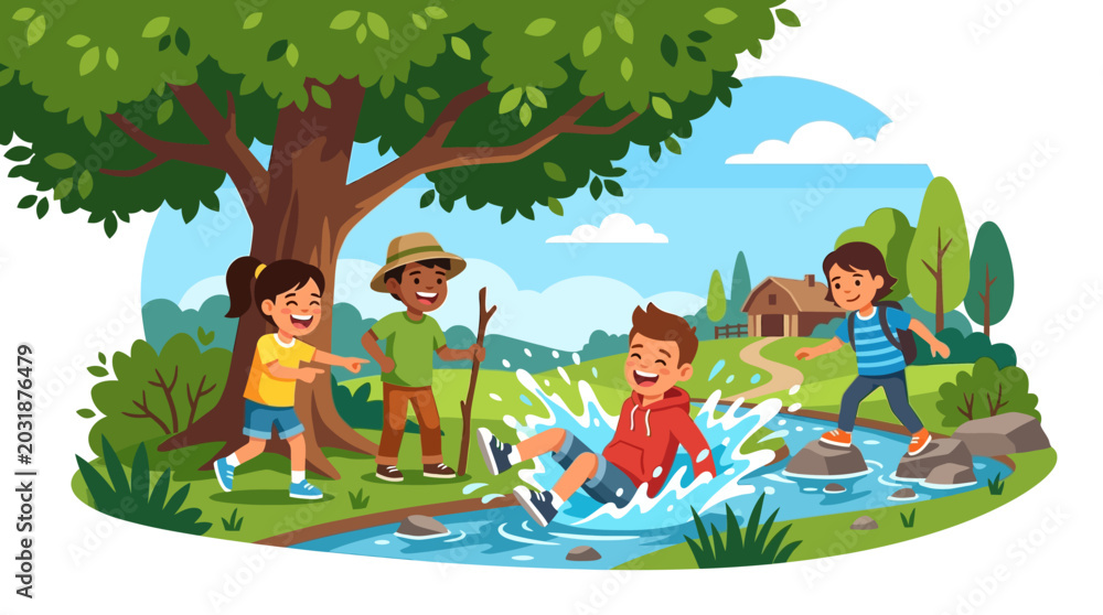 Naklejka premium Joyful kids playing in stream, outdoor adventure, cartoon illustration