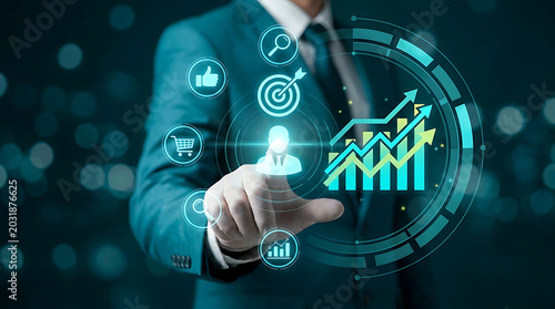 Business person interacting with digital marketing dashboard and customer analytics interface
