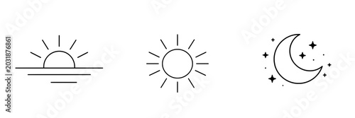 Minimal time of day icon set featuring morning, noon, and night symbols. Clean flat SVG design ideal for weather apps, scheduling, and daily cycle interfaces.