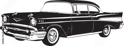 Classic retro black and white graphic vector illustration of a vintage American muscle car from the nineteen fifties isolated on a solid white background